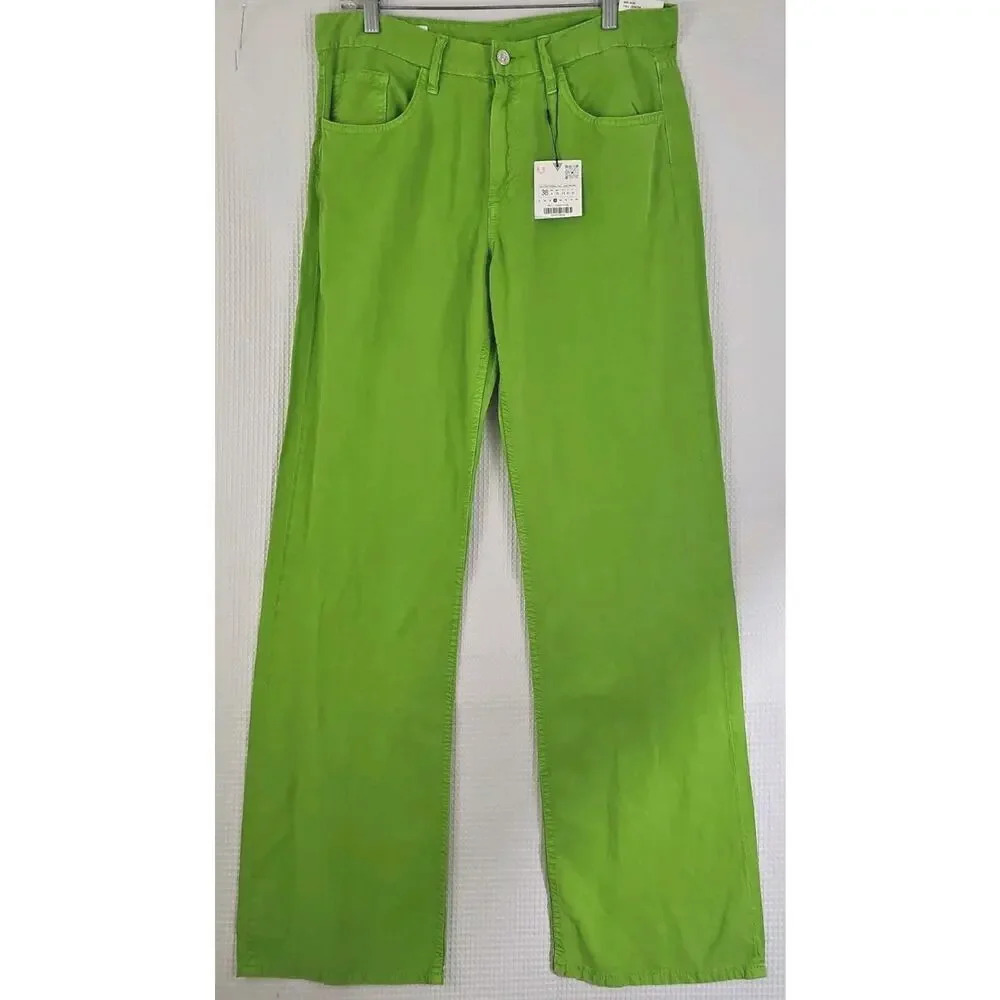 ZARA ~Woman Size 6(US)~ Apple Green Mid-Rise Linen Blend Wide Leg Pants NWT.
